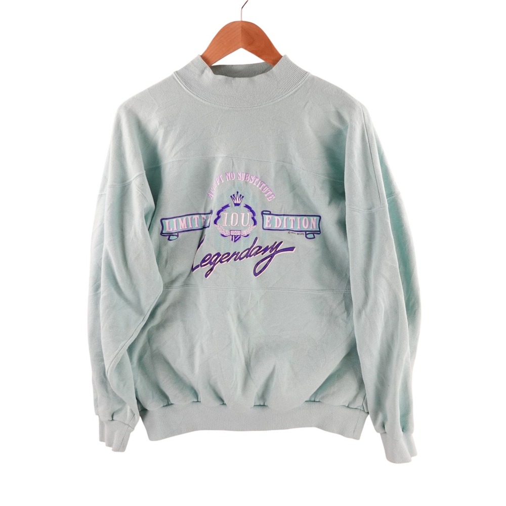 Vintage 1991 I.O.U. Legendary Sweatshirt Mens L Mint Green Mock Neck 90s Graphic